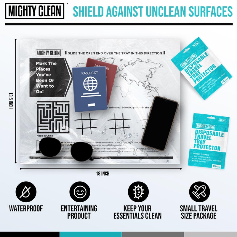 Mighty Clean 15 Disposable Travel Tray Protectors by Mighty Clean │ Airplane Travel Essentials for Toddler, Kids, and Adults │ Must Have for Flying │ Provides a Clean Surface and Entertainment │ 15 Pack - Image 2